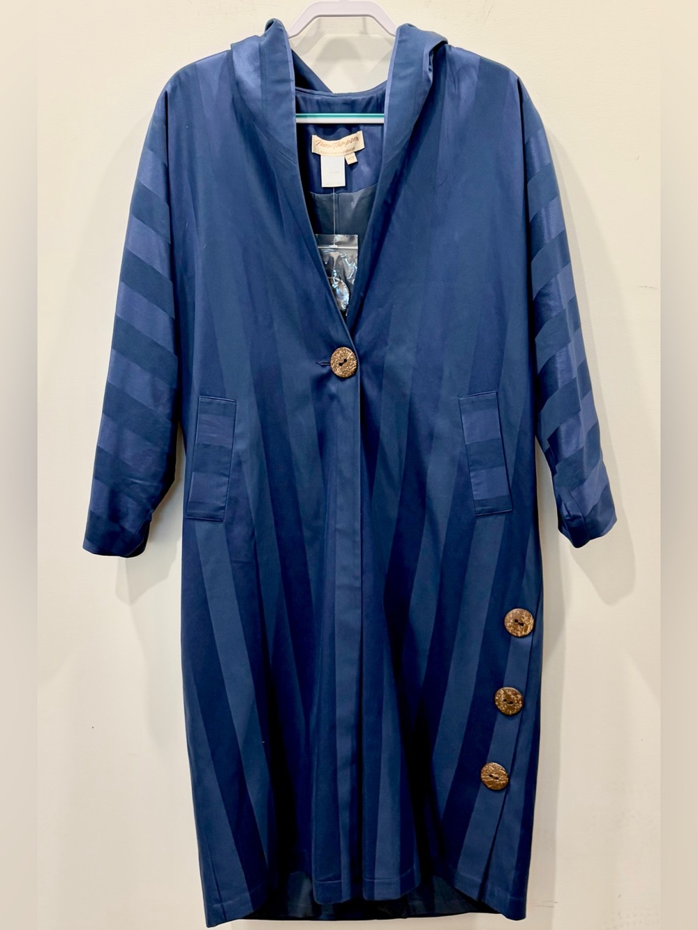 Vintage Norm Thompson hooded Silk cotton Navy Striped Duster coat Wooden Buttons